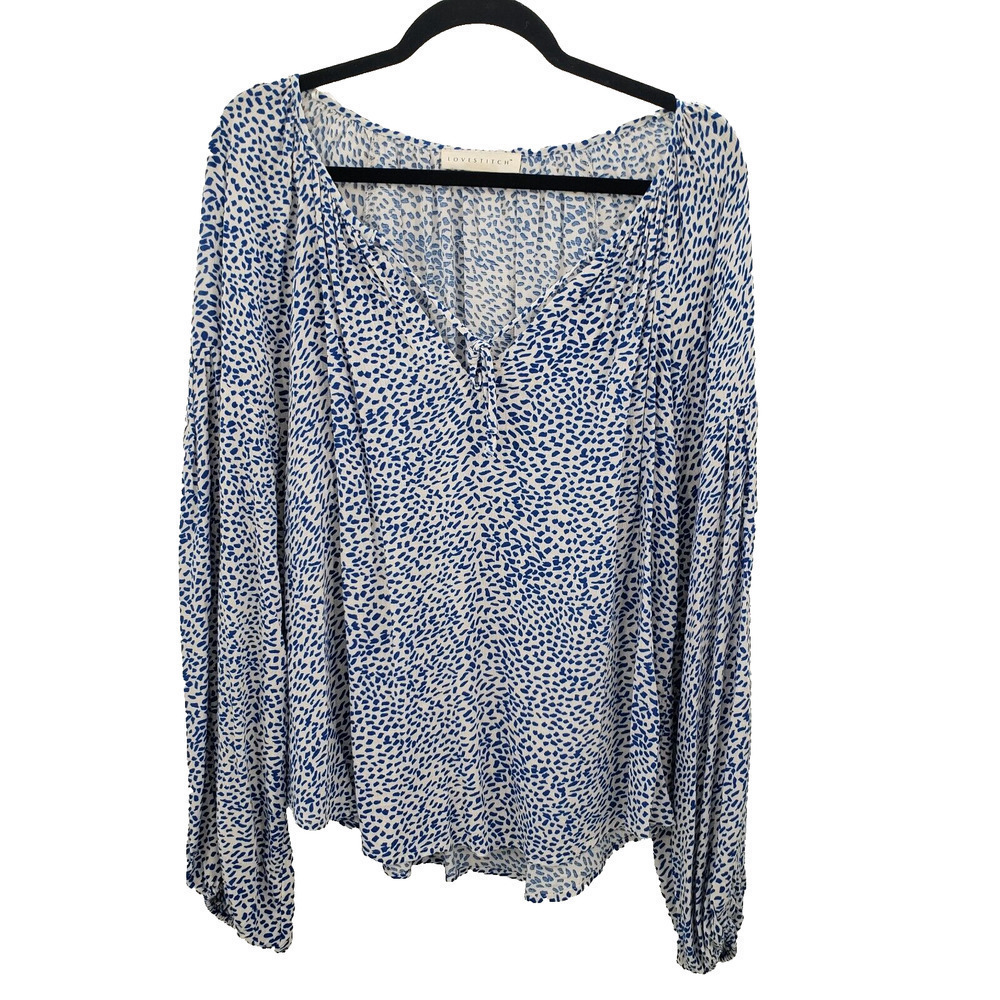 Lovestitch Abstract Dot Peasant Blouse Womens Large White White V Neck Rayon Top